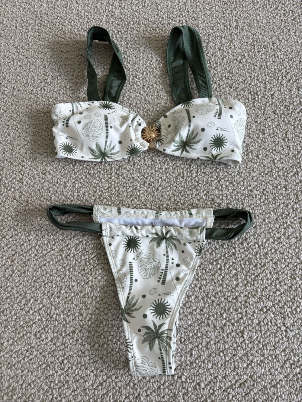 SHEIN White & Olive Green Palm Print Bikini Set